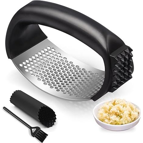 Garlic Press Rocker, Stainless Steel Garlic Mincer and Garlic Crusher, Easy-Squeeze Garlic Tool with Peeler and Cleaning Brush (1/5)