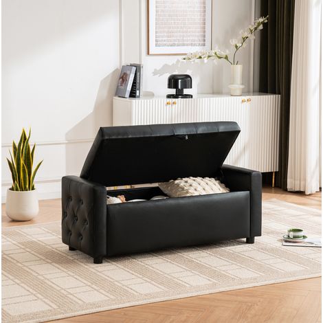 Panca contenitore rettangolare imbottita in PU, 122 x 45 x 47 cm, nera HAVRYA (1/5)