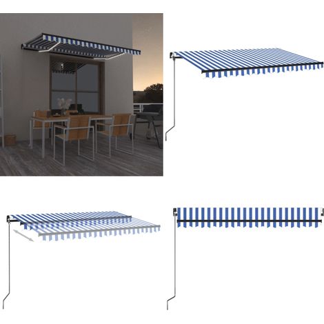 Auvent manuel rétractable avec LED 450x350 cm Bleu et blanc - Auvent Pliable - Store Extérieur - Parasol - Abri Jardin - Éclairage Led Solaire - Home & Living