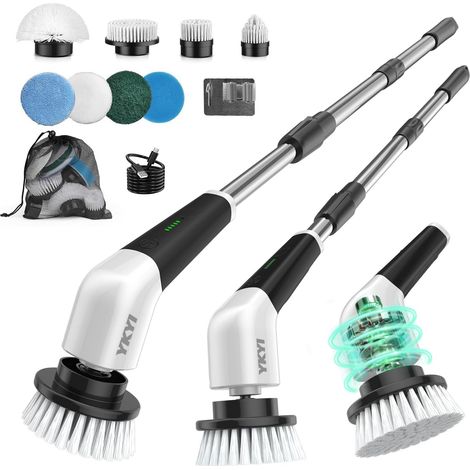 Brosse Électrique Nettoyage Rotative, 8 Têtes, IPX7, sans Fil Manche extensible, 2 vitesses, batterie 2600mAh pour salle de bain, cuisine, sols et carrelage (1/5)