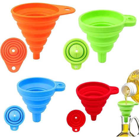 Entonnoir Pliables de Cuisine Silicone, 4 Pièces Entonnoir de Cuisine Flexible, Entonnoir Portable pour Transfert de Liquide Sucre, Huile, Sauces, Poivre, Sel - 4 Tailles (S/M/L/XL) 4 Couleurs (1/5)