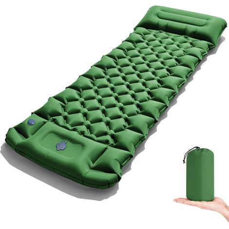 (Vert) Matelas de camping gonflable épais, résistant à l'humidité, pompe à pied intégrée, oreiller inclus. (1/5)