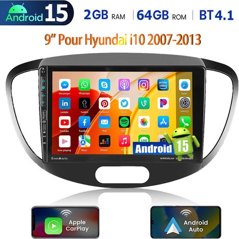 Autoradio 2 DIN pour Hyundai i10 (2007-2013), écran 9 pouces, Android 15, navigation GPS, CarPlay, RDS, FM, Bluetooth - 2+64G (1/5)