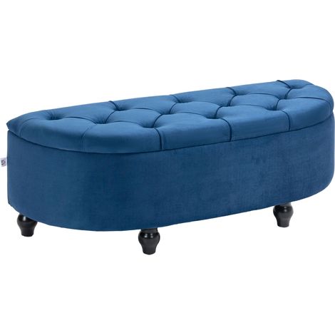 Pouf de Rangement Coffre 2 en 1 - Pouf capitonné Demi-Cercle - Pieds Bois hévéa Noir revêtement Velours Bleu