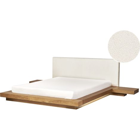 Cama LED moderna con plataforma mesitas de noche cabecero de bouclé madera de fresno natural 160 x 200 cm Zen (1/5)