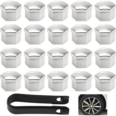 20 Pièces Cache Ecrou 17 mm, Ecrou Couvre avec Outil Demontage, Écrou de Roue de Jante Cache, pour Voitures, Capuchon de Protection de Ecrou (Argenté) (1/5)