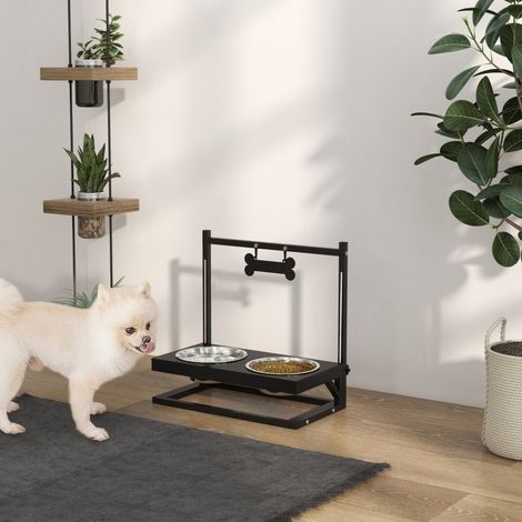 Gamelle surélevée pour chien réglable avec 2 bols inox 900 ml, plaque nominative et hauteur ajustable de 11 à 33 cm, structure métal noire - CHICFURN (1/5)
