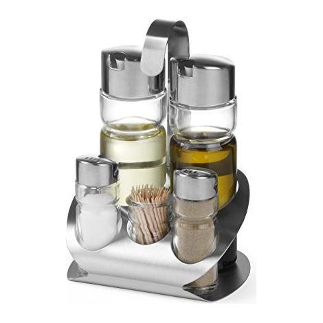 Set di spezie in acciaio inox con sale, pepe, olio d'oliva, aceto e stuzzicadenti - Hendi 465363 (1/3)