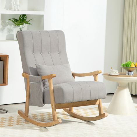 Sedia a dondolo imbottita con cuscino lombare, tasche laterali, struttura in legno di faggio, grigio (1/5)