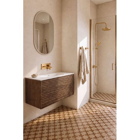 Meuble salle de bain suspendu BONNIE L100 x H46 x P50 cm couleur noyer BASS + vasque encastrée sans trou robinet