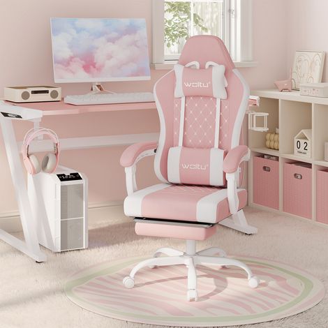 WOLTU Gaming Stuhl ergonomisch, Bürostuhl mit Massagefunktion, Computerstuhl mit Taschenfederkissen, Kopfkissen, Lendenkissen, Drehstuhl mit Fußstütze, aus Netzstoff, Rosa+Weiß