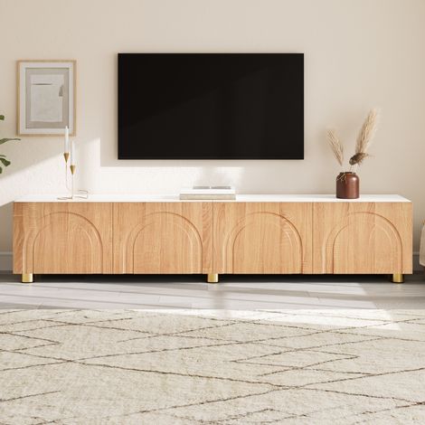 Meuble TV 180 cm avec 4 Portes en Relief Arqué, Design Bois et Blanc, Pieds Métal, Buffet Bas de Salon en MDF avec Rangement - Naturel (1/5)