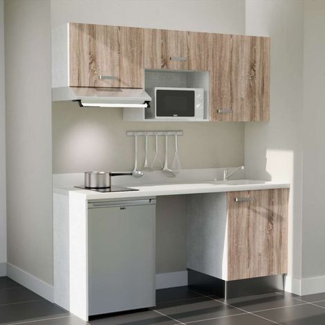 Kitchenette K55L - 180 cm - plan monobloc évier intégré Snova- évier à droite - Façades Bois + Electroménager inclus coloris Inox