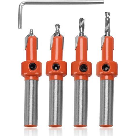 Set of 4 8mm chamfering drill bits for woodworking, countersunk head chamfering bits, with hex key and screw