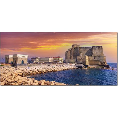 Lupia - Quadro moderno su Tela Canvas DEEP 65X143 cm, con paesaggi e localismi italiani, per casa, soggiorno, capezzale camera da letto, hotel, ufficio, NAPOLI - CASTELLO MEDIEVALE (1/4)