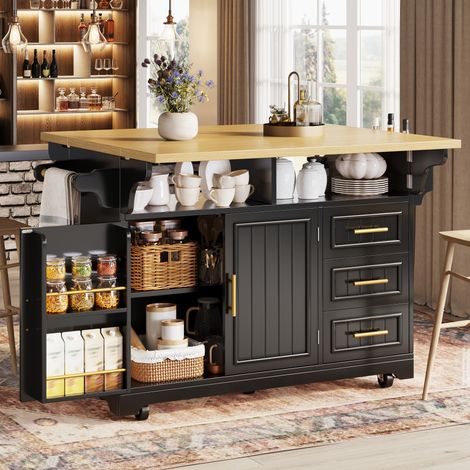 Isla de cocina móvil 120x40 cm en MDF negro con alas abatibles - CHICFURN (1/5)