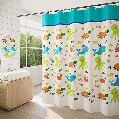 180 X 200cm Rideau De Douche Avec 12 Crochets Schage Rapide(animaux Marins), Tissu Polyester Impermable Lavable En Machine, Rideaux Salle De Bain