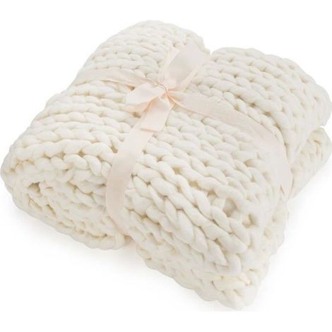 1 pièce Couverture tricotée, XXL, blanc, design contemporain, maille grossière, polyester high-tech, pour canapé ou lit