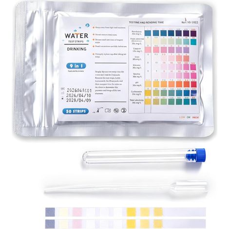 50 Pièces 9 en 1 Bandelettes de Test pour Piscine et Aquarium, Testeur d'Eau Potable pour Dureté, pH, Chlore, Nitrates et Nitrites, Analyse Rapide pour Spa et Jacuzzi (1/5)