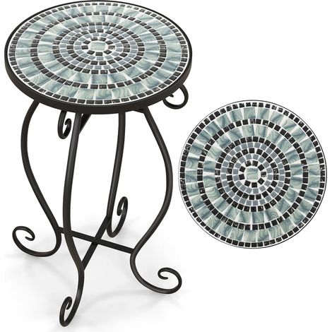 COSTWAY Beistelltisch Mosaiktisch Rund, Mosaik Gartentisch Bistrotisch, ∅30 x 50 cm, Balkontisch aus Metall & Keramik, Blumenhocker für Balkon Terrasse Garten (Schwarz+Grau) (1/5)