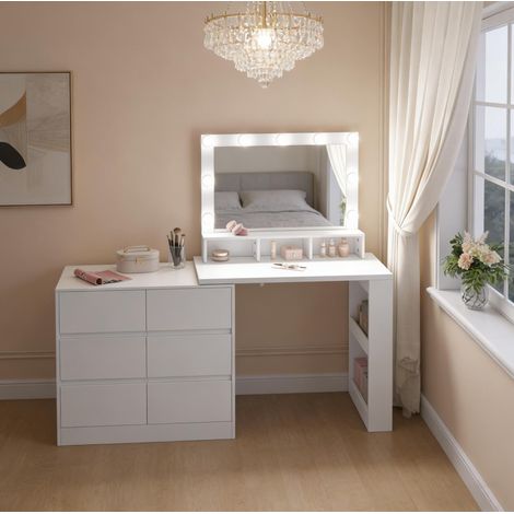 MEUBLIV Toeletta bianca 160 x 40 x 134,5 cm con LED regolabile e 6 cassetti (1/5)