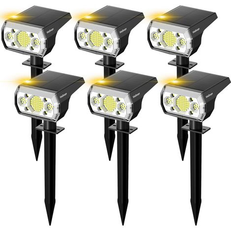 Foco solar para exteriores, 64 LED, potente foco solar impermeable IP67 con 3 modos de iluminación, luz fría de 6500 K para jardín, patio y camino (paquete de 6) (1/5)