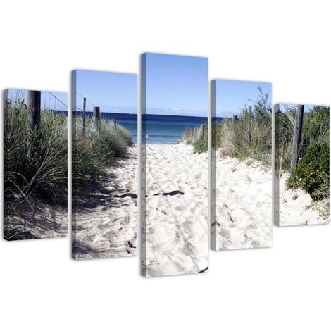 Quadri Quadro 5 pezzi Stampa su tela Mare Spiaggia Sabbia Erba - 100x70 (1/5)