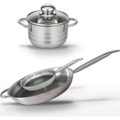 Batterie de cuisine avec 2 poêles de cuisson 24/32 cm et 1 faitout 12 cm en acier inoxydable sans PFAS Elo Collection Relief Solution Brillant
