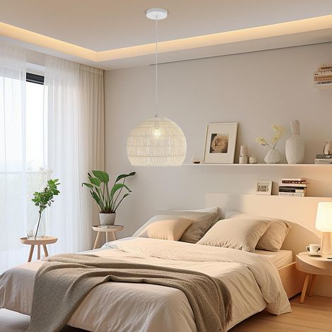 Suspension en papier tressé, luminaire plafond bohème réglable 0,5 à 1,5 m pour salon, salle à manger ou chambre (1/5)