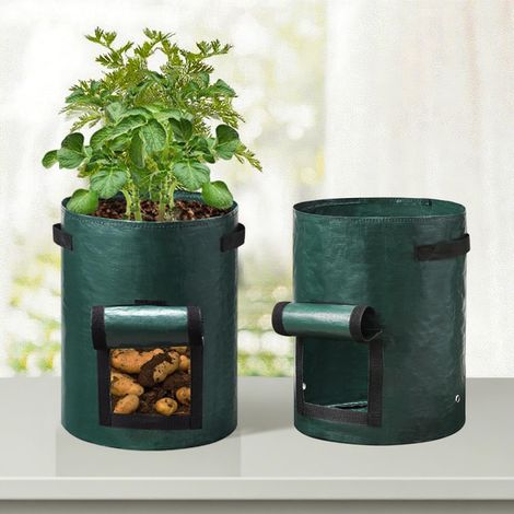 Deux sacs de plantation par paquet, avec couvercle à charnière et poignées renforcées, adaptés à la plantation de légumes et de fruits, robustes et respirants. (1/3)
