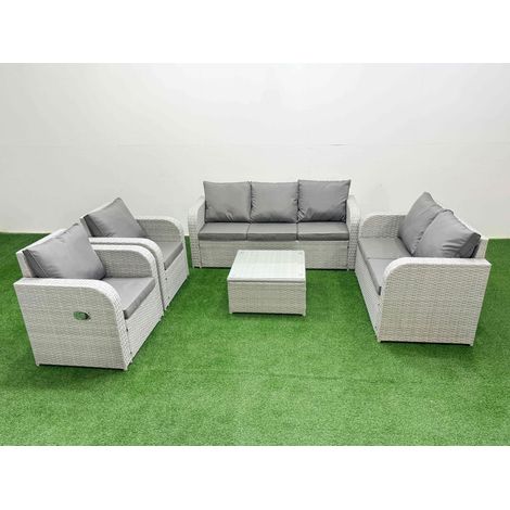 Fimous PE Rattan Garden Furniture Set Adjustable Chair Sofa Double Love Seat 2 Seater Sofa Lounge Set Square Coffee Table Light Grey (1/4)