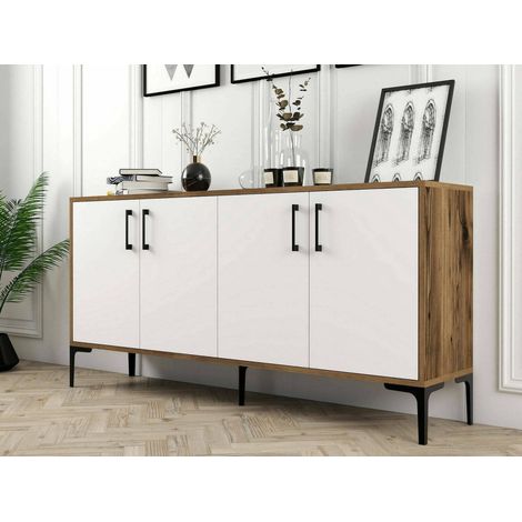 Dmora - Kommode Daltobell, Wohnzimmerbuffet, Wohnzimmer-Sideboard, Moderne Küchen-Speisekammer, 160x35h78 cm, Walnuss und Weiß (1/5)