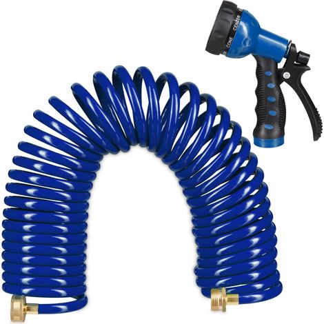 Relaxdays Manguera Espiral, Extensible hasta 10 Metros, Manga de Jardín con Pistola de Riego, 7 Tipos de Chorro, Azul