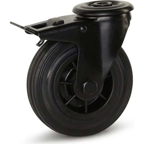 Roulette pivotante freinée - MESO - Caoutchouc noir - Trou central - 125mm - 120kg (1/2)