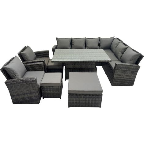 Fimous 11 Seat Rattan Garden Furniture Corner Sofa Set Outdoor Adjustable Lifting Dining or Coffee Table Set with 3 Footstools Dark Grey Mixed (1/5)