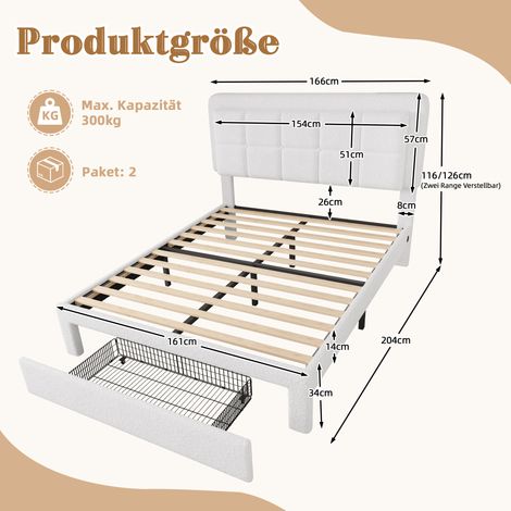 Cadre de lit avec revêtement en velours peluche, structure en fer et bois, tête de lit réglable, lampe d'ambiance réglable, port USB, cadre de lit moderne, 160 x 200 cm (1/5)