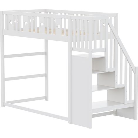 Cama alta infantil 90 x 200 con escalera, barandilla y almacenaje, blanca (1/5)