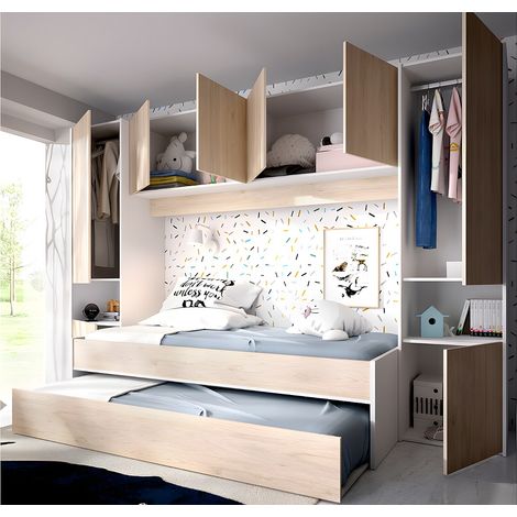 Lit gigogne avec pont de lit SELENA - 90 x 190 cm - Coloris : chêne et blanc + Matelas (1/4)