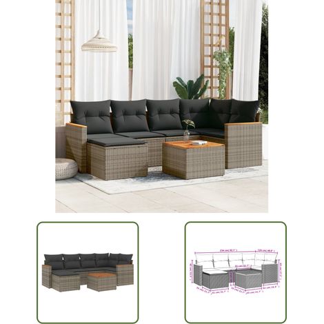 The Living Store 7-tlg. Garten-Sofagarnitur mit Kissen Grau Poly Rattan - Gartenmöbel Set - Gartensorte - Outdoor Möbel - Lounge Sofa - Esstisch (1/3)