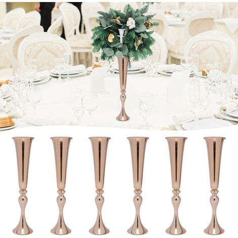 Set di 6 vasi a tromba in metallo dorato per fiori artificiali, supporto a sfera in ferro per fiori da matrimonio, altezza 56,5 cm.