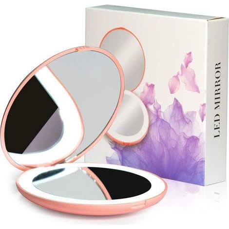 Compact LED Mirror, Lighted Travel Mirror, 10x Magnification, Portable, Double Sided, Portable Makeup Mirror for Pocket, Purse, Gift, Pink, 3.5" Round - (1/5)