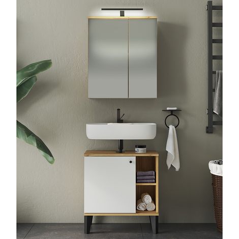 Waschplatz-Set 2-teilig mit Waschbeckenunterschrank 60 cm, LED-Spiegelschrank, in Eiche mit weiß OLEAN-61 (1/5)