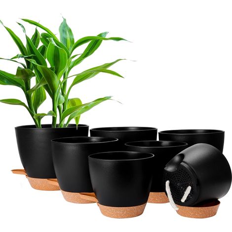 Lot de 7 pots de fleurs en plastique avec système d'irrigation - 20,3/19/17,7/16,5/15,2/14/12,7 cm - Avec soucoupe - Convient pour l'intérieur et l'extérieur (1/5)