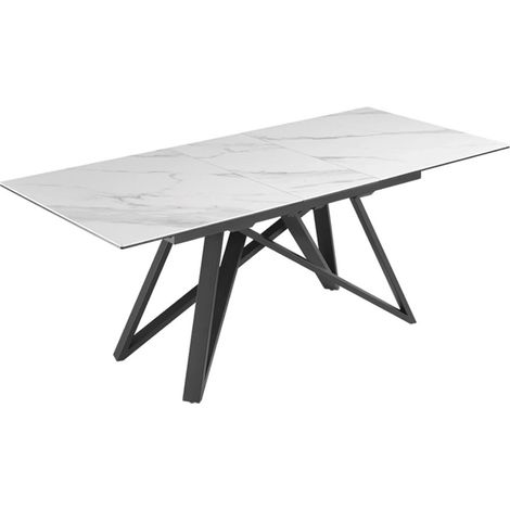Table de salle à manger extensible LIXOR 160-200 cm – Céramique effet marbre blanc et piètement géométrique noir (1/5)