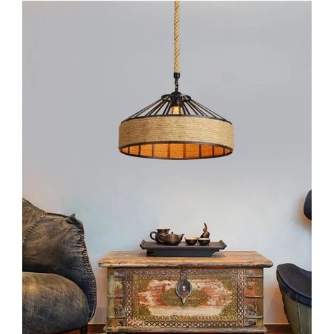 U-Do Lustre Suspension en Corde de Chanvre Vintage 30cm Lampe en Fer Luminaire Lustre Intérieur pour Salon Cuisine (1/4)