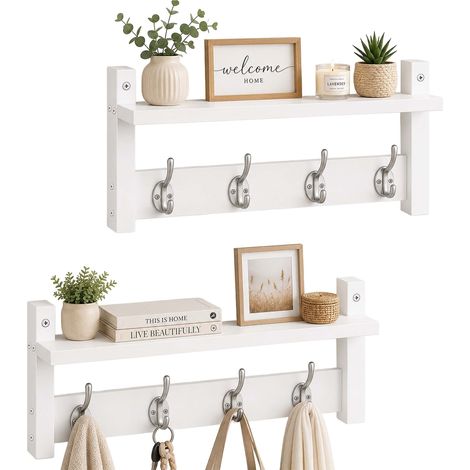 Relaxdays Wandgarderobe, 2er Set, je 4 Doppelhaken, HxBxT: 19,5 x 40 x 11 cm, Garderobenleiste mit Hutablage, weiß (1/5)