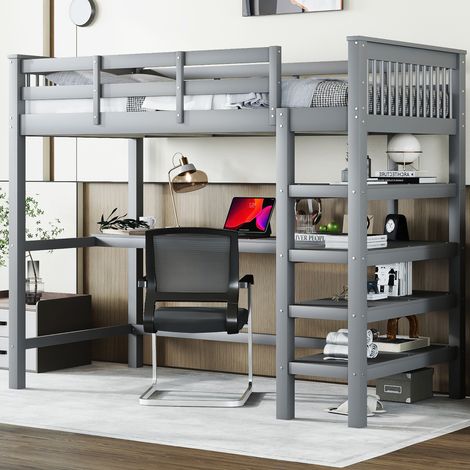 Lit mezzanine 90x200 avec bureau, rangements, pin gris HAVRYA (1/5)