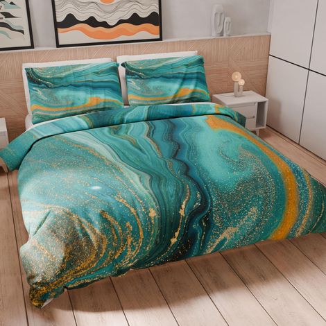Housse de Couette 1 Place 135x200 cm 1 Taie 80x80 cm Incluse, Parure en Microfibre Imprimée Effet Marbre Vert (1/5)