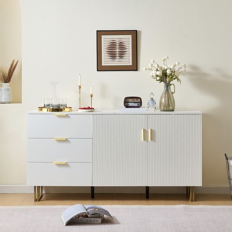 Buffet 160x40x81,5 cm avec 2 portes et 3 tiroirs, poignées dorées, pieds métal, MDF, blanc
