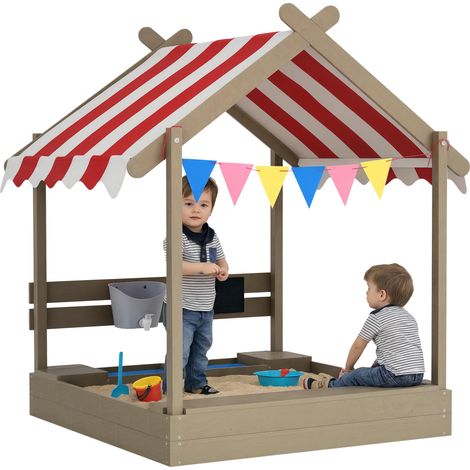 Bac à sable avec parasol, style maisonnette, avec ensemble de jouets, bois massif traité, 124 x 116 x 146 cm, gris (1/5)